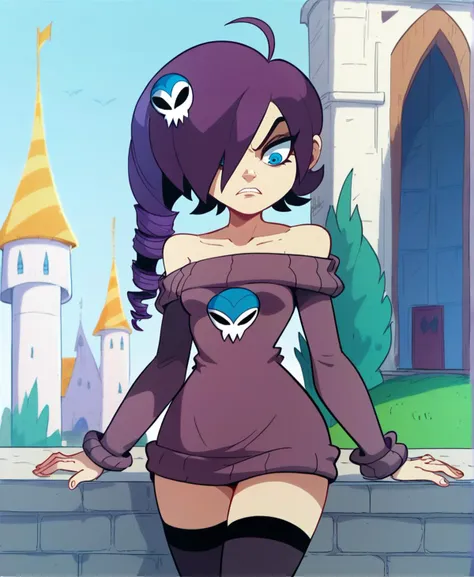 a cartoon girl in a purple dress standing in front of a castle