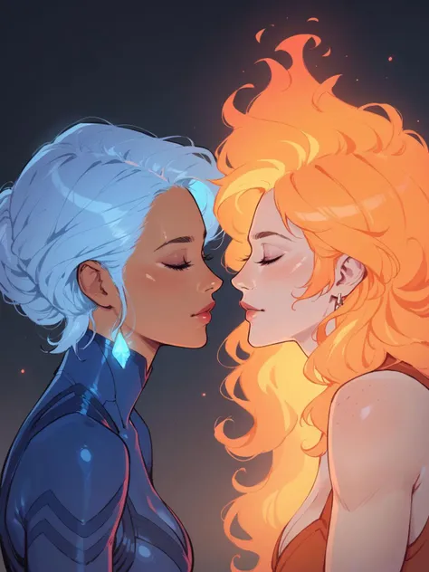 a couple of women kissing each other in front of a fire