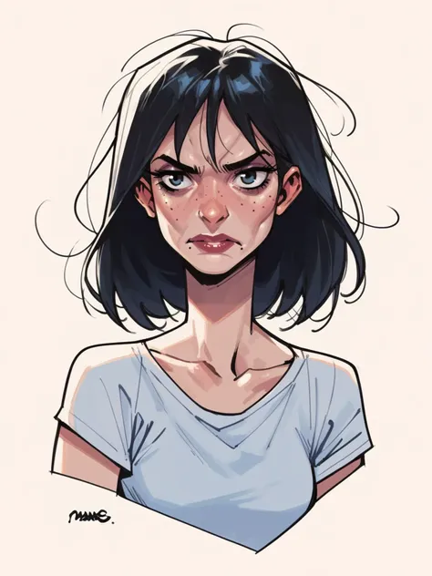 a drawing of a woman with black hair and a white shirt