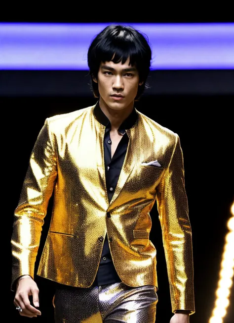 a close up of a man in a gold suit walking down a runway