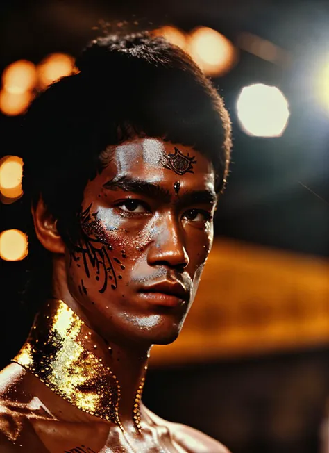 a close up of a man with a face painted with gold paint