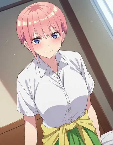 anime girl with pink hair and green skirt standing in front of a window