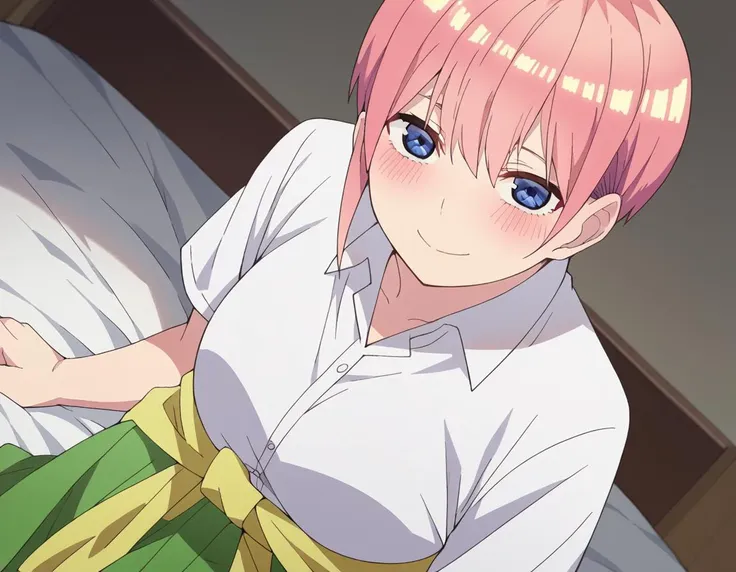 anime girl with pink hair and green skirt sitting on bed