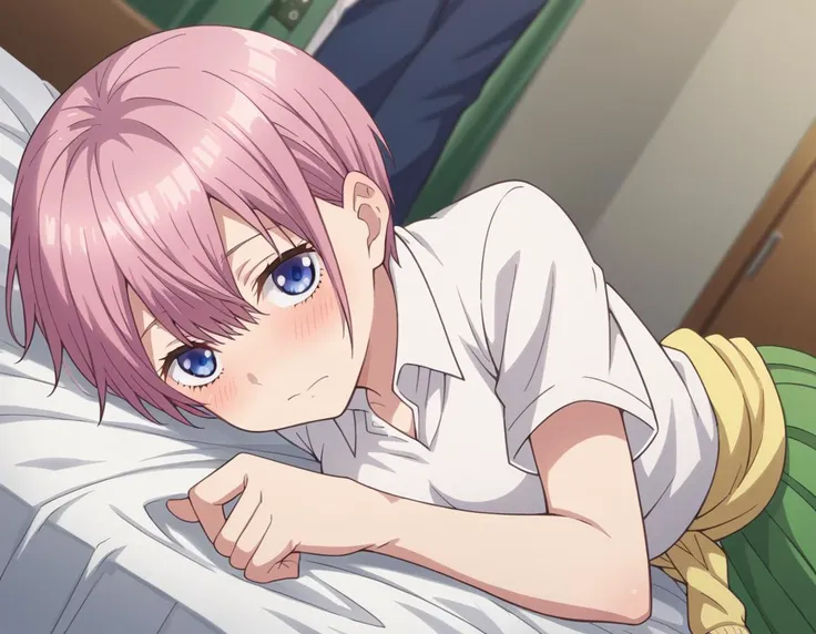 anime image of a girl laying on a bed with her head on the pillow