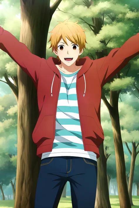 masterpiece, best quality, natsuki_hashiba, 1boy, park, tree, cowboy shot, standing, arms up, outstretched arms, stretching, looking at viewer, blonde hair, brown eyes, excited, casual, tight, red hooded jacket, (striped t-shirt), tight pants,