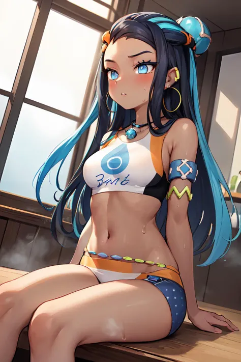 masterpiece,best quality,1girl,nessa,blue eyes,dark skin,dark-skinned female,single hair bun,swimsuit,bikini,jewelry,necklace,earrings,belly chain,armlet,midriff,wide hips,expressionless,(half-closed eyes:0.8),parted lips,steaming body,sitting,sweat,indoor...