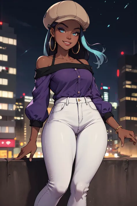 (masterpiece,best quality,absurdres),outside,modern city,night,bokeh,grin,1girl,nessacasual, dark skin, makeup, cabbie hat, purple shirt, off shoulder, white pants, hoop earrings <lora:pokemon_nessa_v2:0.9>