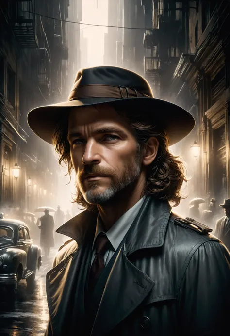 a man in a hat and trench coat standing in a city