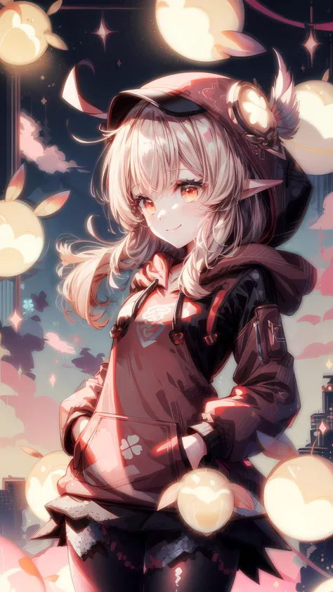 1girl, klee (genshin impact), pointy ears, long hair, hair blowing in the wind, (black and red cyber hoodie:1.6), black and red pantyhose, dodoco (genshin impact), jumpy dumpty, charm (object), portrait, smile, looks down, kawaiitech, pastel black and red ...