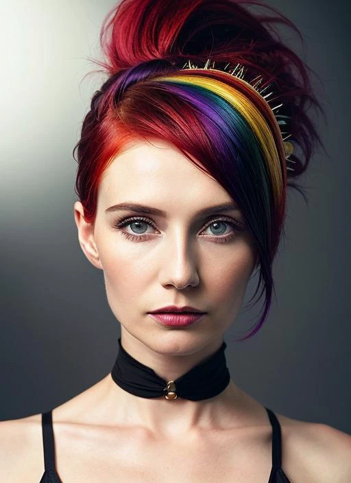 portrait of sks woman by Flora Borsi, style by Flora Borsi, bold, bright colours, rainbow Mohawk haircut, ((Flora Borsi)), <lora:locon_caricevanhouten_v1_from_v1_64_32:1>