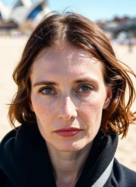 portrait of sks woman in Sydney, at Bondi Beach, by Flora Borsi, style by Flora Borsi, bold, bright colours, ((Flora Borsi)), by Gerda Taro, <lora:locon_caricevanhouten_v1_from_v1_64_32:1>