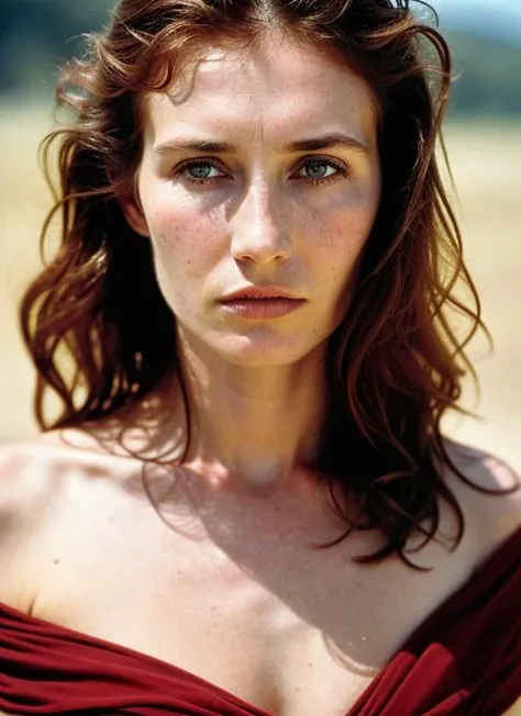 A stunning intricate color close up portrait of (sks woman:1) , wearing Off-the-shoulder dress, epic character composition, sharp focus, natural lighting, subsurface scattering, f2, 35mm, film grain, , by Michael Kenna, <lora:locon_caricevanhouten_v1_from_...