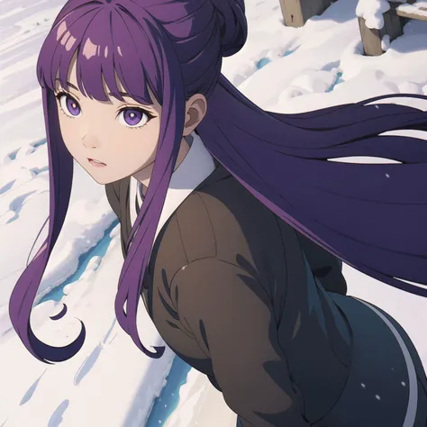 anime girl with purple hair and purple eyes in the snow