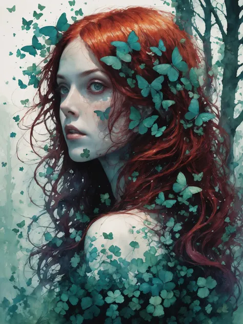 a painting of a woman with red hair and green leaves on her head