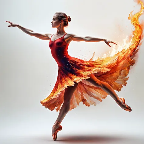 Photorealistic expressively detailed beautiful glowing female ballett dancer merging with intense fire, by Mark Mann, Marc Simonetti, Conrad Roset, Agnes Cecile, Jeremy Mann, oil and ink canvas, fine art, diffuse light, photoillustration, amazing depth, hy...