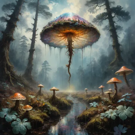 there is a painting of a mushroom in the middle of a forest