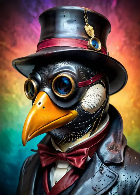 a close up of a bird wearing a top hat and a jacket