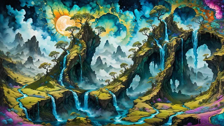 painting of a waterfall in a fantasy landscape with a full moon