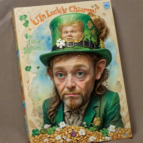 Cereal box cover with a homeless Leprechaun with a sad expression, clutching a tiny, broken four-leaf clover. text logo "UN LUCKY Charm". <lora:hyperkraximalism:1> hyperkraximalism