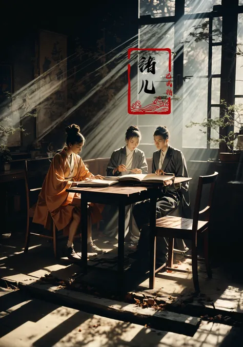 A grand Confucian academy, with scholars engrossed in ancient texts, with sunlight filtering through, casting a golden hue on the ground, Double exposure, Kodak Portra 400, Ultra wide view shot, W Magazine, by Alec Soth, Mario Giacomelli,
<lora:~Q?-Q[[fbC...