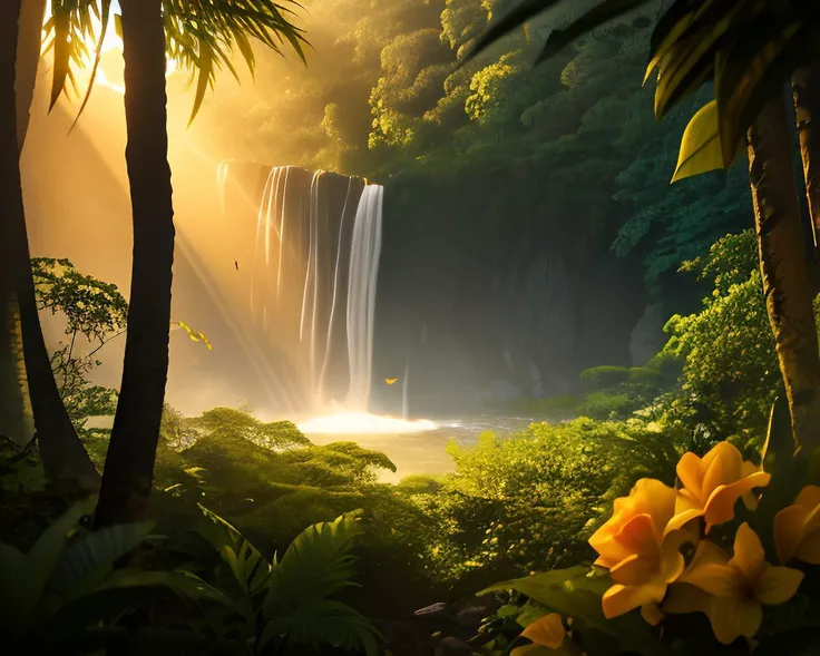 View in a lush remote, dense foliage tropical jungle, tropical flowers, butterflies, distant waterfalls.
High Contrast, High Saturation, Highly detailed, high quality, masterpiece, ethereal, particle effect, (dust, gust of wind:1.07), volumetric light, lig...