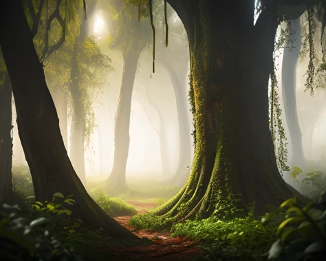 a view of a path through a forest with a foggy sky