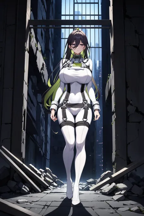 (masterpiece, best quality:1.2), 1girl, <lora:guilty-nikke-richy-v1_xl:1>, guilty, white bodysuit, collar, straitjacket, city ruins, walking, night