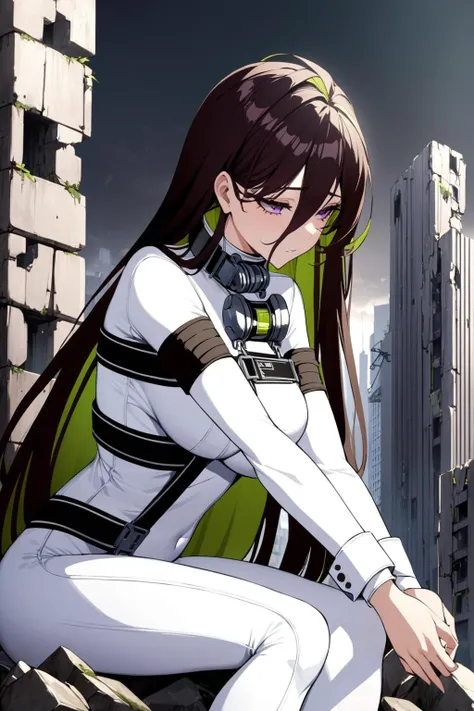 (masterpiece, best quality:1.2), 1girl, <lora:guilty-nikke-richy-v1_xl:1>, guilty, white bodysuit, collar, straitjacket, city ruins, sitting, boulder