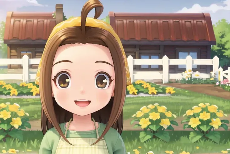 sharp focus, soft lighting, illustration, depth of field, day, garden, flowers, farm, outside, 1girl, solo, celia, smile, looking at viewer, :D, brown hair, brown eyes, plaid apron, yellow bandana, <lora:celia-000003:0.75>