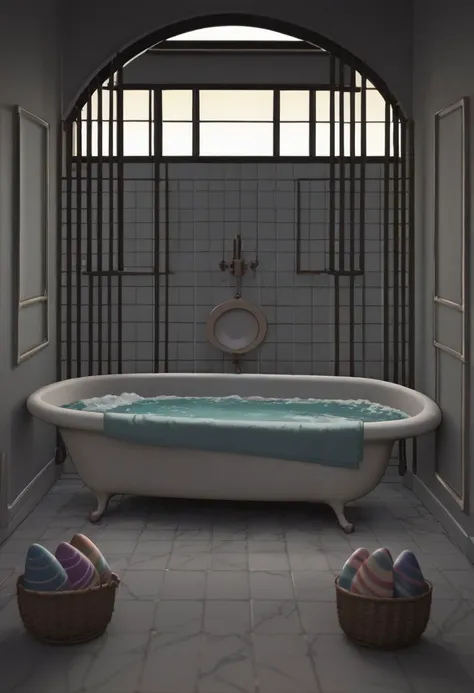 there is a bathtub with a blue blanket in a bathroom