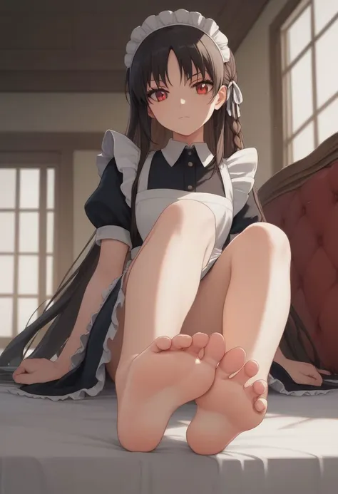 a woman in a maid outfit sitting on a bed with her legs crossed