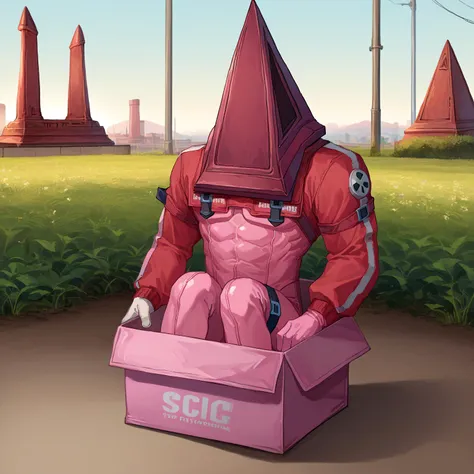 a cartoon picture of a person in a pink outfit sitting in a box