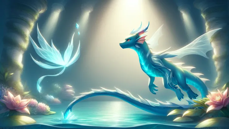 a blue dragon flying over a body of water next to a forest