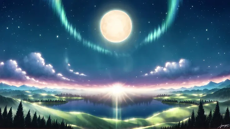 under a full moon, ominous landscape, serene lake, vivid hues , aurora, moonlight,  swirling clouds, window, falling star streak...