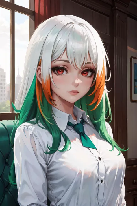 Highly detailed, High Quality, Masterpiece, beautiful, solo, 1girl, white hair, red eyes, long hair, shirt, white shirt, upper body, <lora:DipDyedHair:1>, orange IncursioDipDyedHair, ((green IncursioDipDyedHair)),