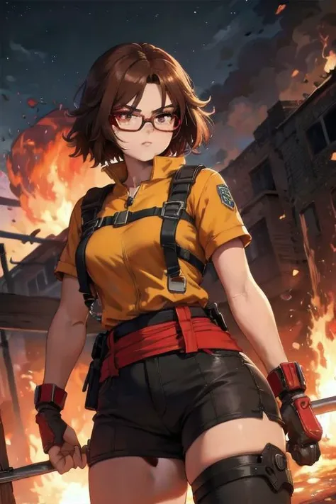 a mighty female angry anime warrior with brown hair and glasses, burning eyes, looking at the viewer, a lot of explosion and fire in the background