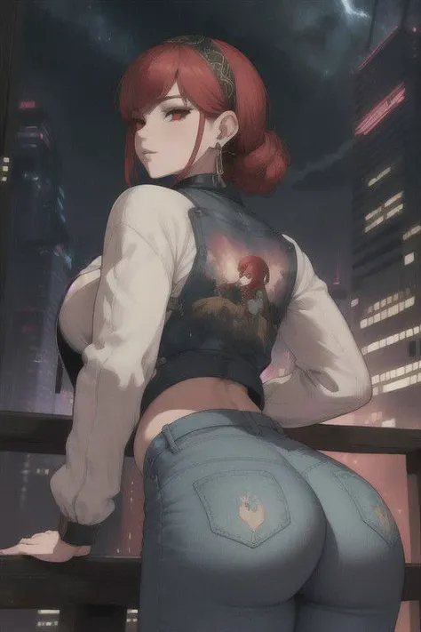 (masterpiece, best quality, 4k, aesthetic, detailed, intricate),outside,night sky,cityscape,from behind,jeans,1girl,earrings, hairband,red hair,red eyes, print jacket,