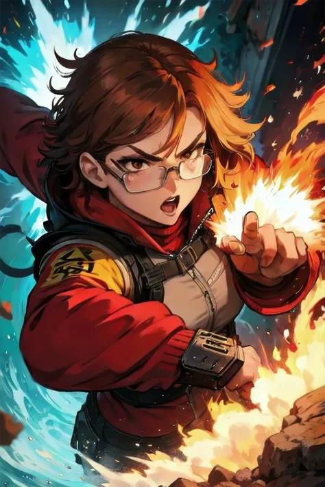 a mighty female angry anime warrior with brown hair and glasses, explosion and fire in the background