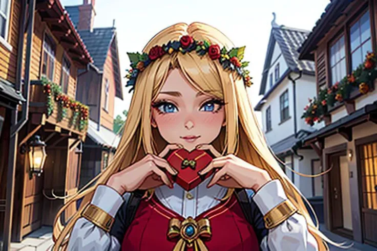 anime girl with long blonde hair and a red dress holding a heart