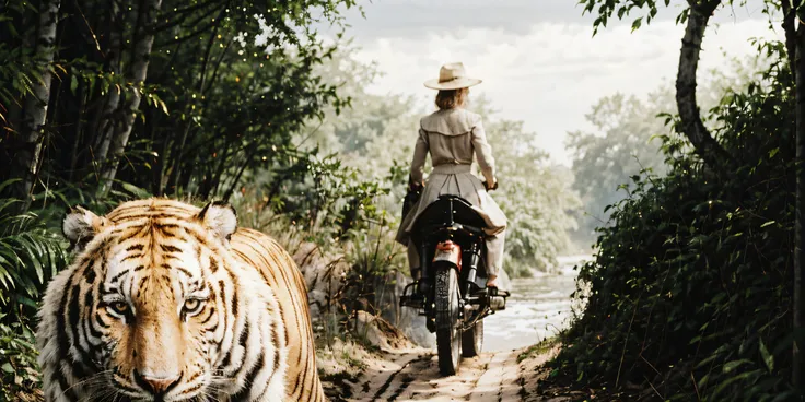 there is a man riding a motorcycle down a dirt road with a tiger