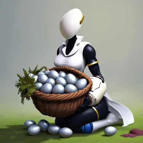 a close up of a person sitting on a field with a basket of eggs