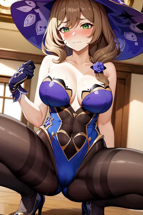 masterpiece, best quality, highres, cclisa, long hair, hair flower, green eyes, witch hat, collarbone, bare shoulders, gold trim, purple leotard, black gloves, (pantyhose:1.2), <lora:lisa_v1:0.7>, squatting, spread legs, (embarrassed:1.2), (blush:1.2), fro...