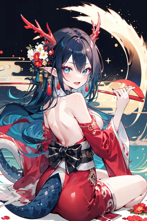 -dragon girl, 1girl, long hair, horns, flower, detached sleeves, black hair, blue eyes, solo, looking at viewer, hair ornament, breasts, holding, sitting, red flower, very long hair, sideboob, hair flower, dragon, bare shoulders, looking back, dress, drago...