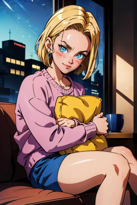 android 18, blue eyes, short blonde hair, earrings, pink oversized sweater, black shorts, looking at viewer, serious, smiling, blush, sitting, on sofa, pillow hug, cozy living room, night, high quality, masterpiece, <lora:DBZ_Android18_v1:.8>