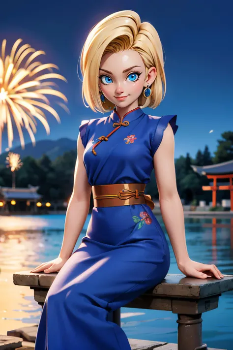 android 18, blue eyes, short blonde hair, earrings, blue cheongsam, sleeveless, sash, looking at viewer, serious, smiling, sitting, on stone bench, outside, lake, red torii, fireworks, night,  high quality, masterpiece, <lora:DBZ_Android18_v1:.8>