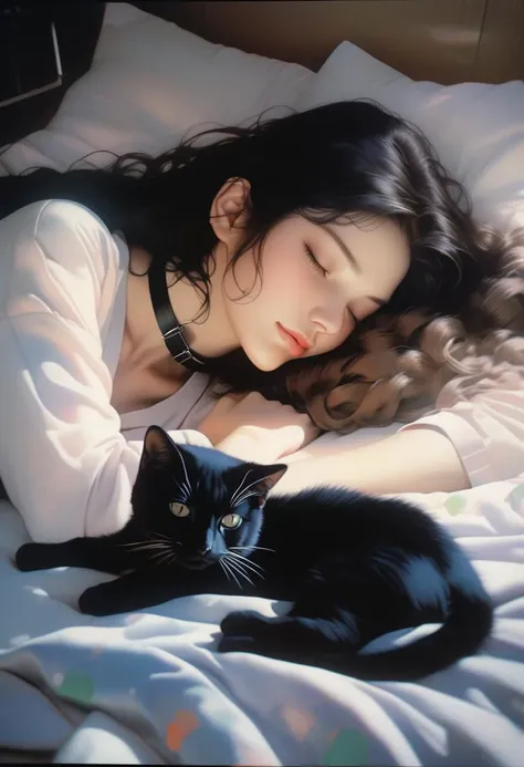 by Noriyoshi Ohrai
 a cute girl, 22 years old, black hair, pale skin, buff,   choker, vintage, faded film, film grain, polaroid, cute 
sleeping with a cat, happy, peaceful,bed room, dutch angle, perspective from above