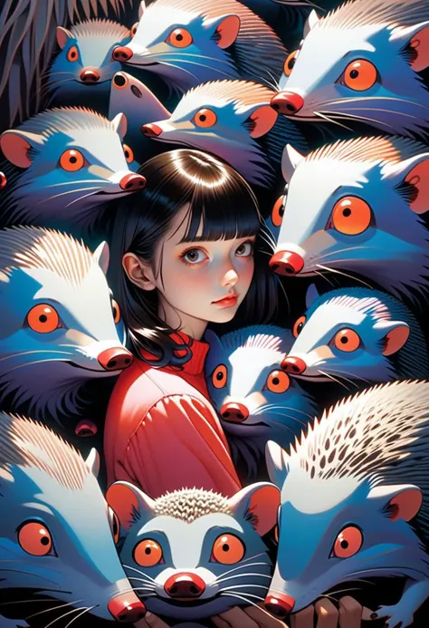 1girl hugging a hedgehog
 art by Junji Ito, art by Martine Johanna, anime network, anime style