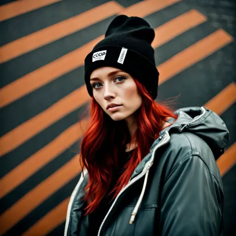 Hot red hair girl wearing coop black beanie