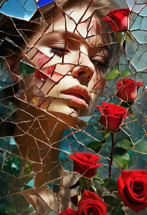 Photo. Compose a deeply emotional and visually stunning image featuring Close up of a young Norwegian woman, face as cracked broken glass, natural skin, in the Garden of Eden, with delicate multicolored roses, incorporate abstract art elements conveying a ...