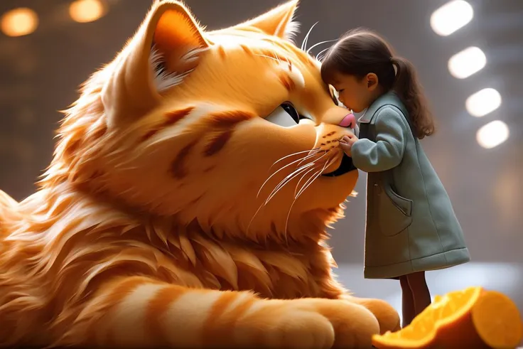 Close up, a Pixar-style (little girl kisses a very huge Orange Garfield cat:1. 2) with an outfit made of cheese only, the cat body bigger than the girl, in an anime style, in the style of zbrush, i cant believe how beautiful this is, realistic renderings o...